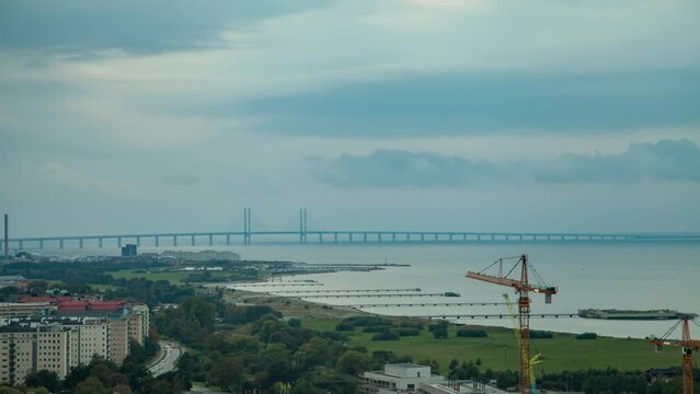 Malmo - Copenhagen border bridge beetwen Sweden and Denmark, Skyline timelapse
