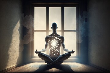 Human body meditating in Lotus pose in front of window (AI generated)