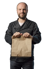 Professional chef holding a takeaway bag