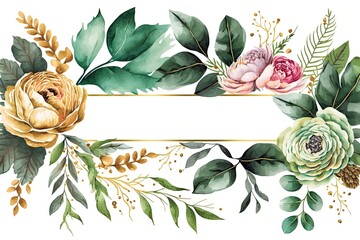 Watercolor illustration with green gold leaves, colorful flowers, rose, peony and branches (AI generated)