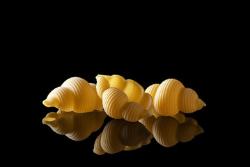 Conchiglie rigate. With clipping path, falling striped shell pasta isolated on black background. Macro of conchiglie rigate pasta with full depth of field