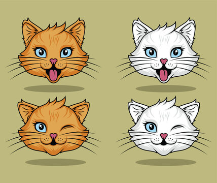 Vector cat head illustration of a cute pet set.