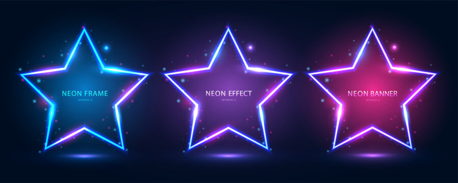 A set of neon frames in the shape of a star with shining effects and highlights on a dark blue background. Futuristic sci-fi modern neon glowing banners. Vector illustration.