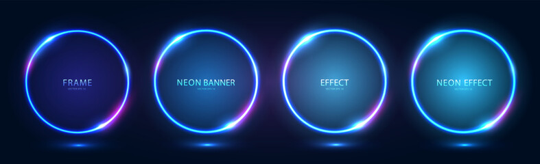Round neon frames with shining effects and highlights on a dark background. A set of four futuristic modern neon glowing banners. Vector EPS10.
