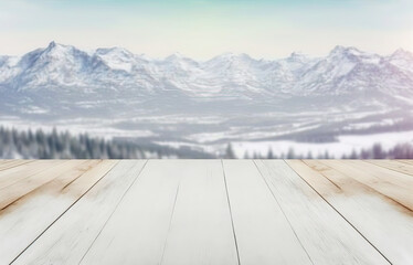 Perspective empty white wooden table on blurred winter mountain background can be used to display montage products or design layout. Generative AI.
