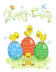 Happy Easter! Three large painted eggs and four little funny chickens. Greeting card in cartoon style. On white background. Vector illustration
