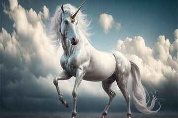 Naklejka na ściany i meble a white unicorn with a gold horn on its head. generative ai.