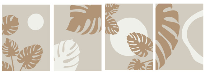 collection of modern simple posters with color silhouettes of plants (monstera) and geometric shapes (circles) on a beige background