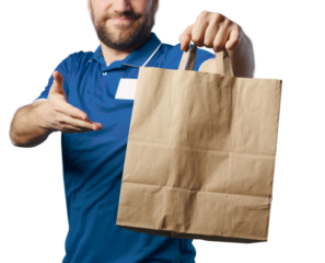 Smiling delivery guy holding a bag with fast food