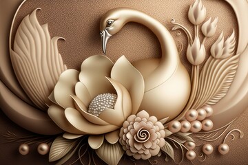 3d wallpaper, abstract gold swan and flower decoration, wall art, ai generated