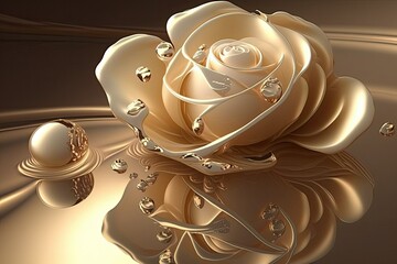 3d wallpaper, gold flowers reflection, wall art, ai generated
