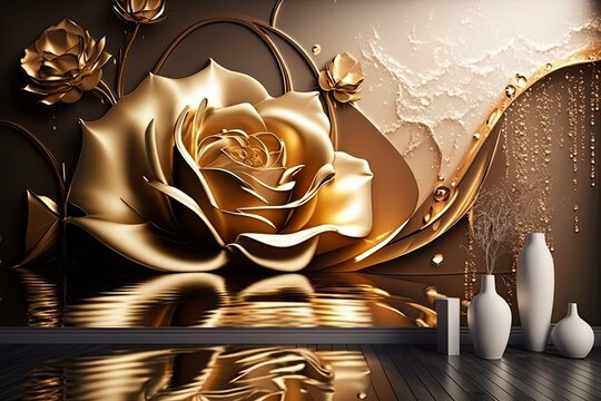 3d Wallpaper, Luxury Gold Flower Decoration, Wall Art, Ai Generated