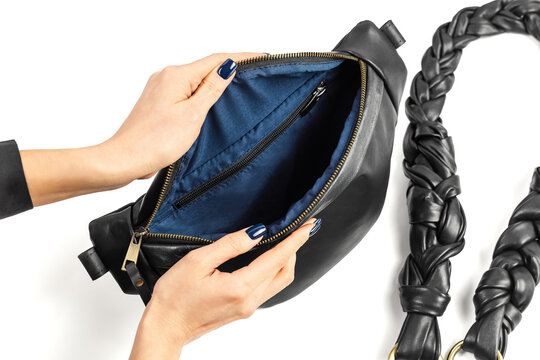 Open Black Leather Waistbag with Blue Inner Lining