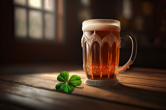 A mug of beer in glass with a four-leaf clover as a symbol of good luck in Ireland on a wooden table in a bar, St. Patrick's Day holiday. Generative AI
