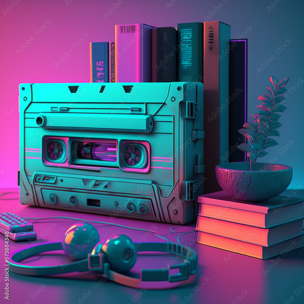 Wall mural a retro cassette still on the table, neon colors, vaporwave mood 80s style, nostalgic, generative ai