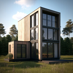 ecologic wooden house  with large windows embedded in nature,  ai generated illustration