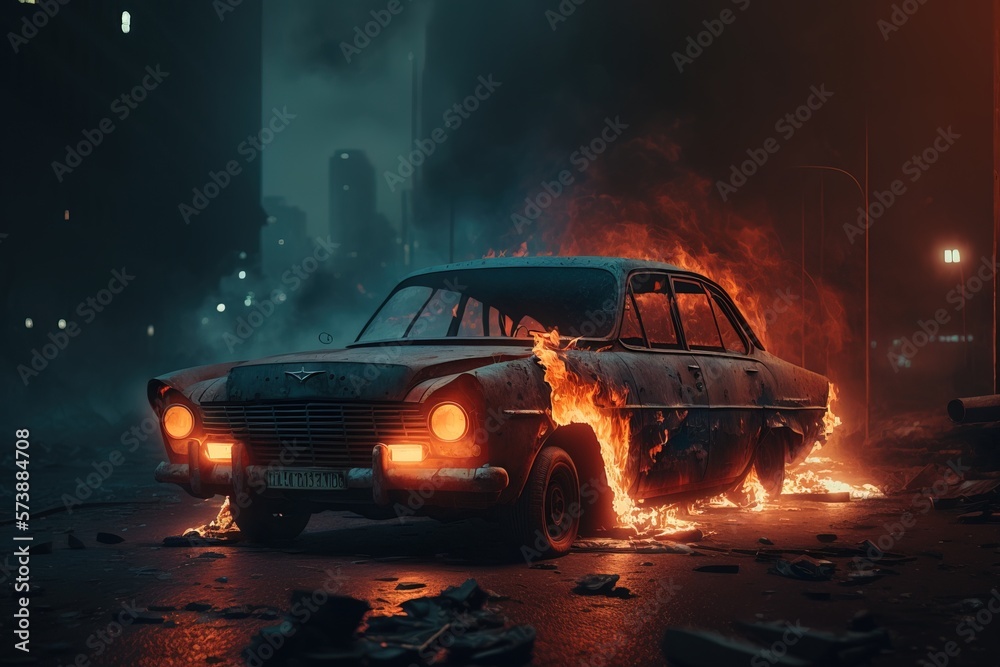 Fototapete a car is on fire in a dark city street at night with a lot of debris around it octane rendering a 3d