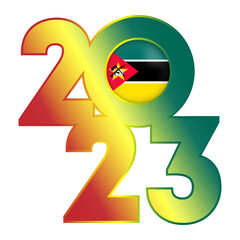 Happy New Year 2023 banner with Mozambique flag inside. Vector illustration.