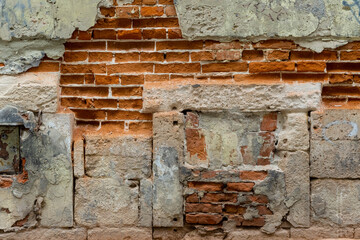 Grunge Exterior Wall with Red Bricks and Sandstone