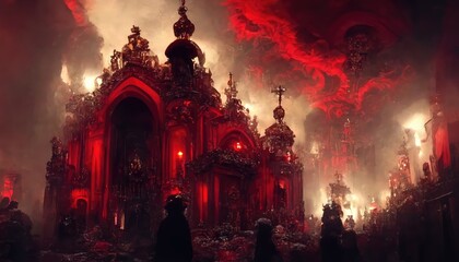 The interior of a cathedral in hell full of demons, Bible illustration. Generative AI - obrazy, fototapety, plakaty