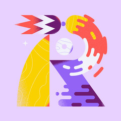Letter R. Fire and liquid design. Colorful vector illustration. Art print. Vibrant and dynamic visual. Rocket form. Red, yellow and purple. Cartoon style. Abstract, cute and happy composition.