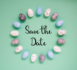 Easter Egg Decoration, Flat Lay, English Text Save The Date
