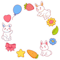Frame with cute kawaii little bunnies. Funny characters and decorations in cartoon style.