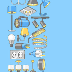 Seamless pattern with electric lightings and lamps. Electrical equipment. Industrial or business design.