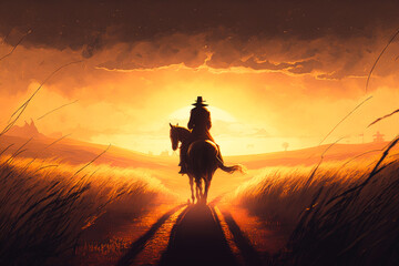 A person riding a horse through a golden field at sunset, with a warm glow illuminating the scene, illustration - Generative AI