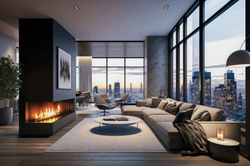 A spacious and stylish penthouse with a sprawling cityscape view, modern furnishings, and a sleek fireplace - Generative AI