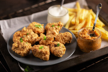 Pieces of flour-fried cauliflower with vegan sauces on a plate on a dark background. Cauliflower wings food.