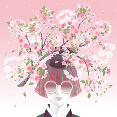 Vector illustration of a girl with short hair decorated with cherry blossom flowers. Design for Frame, poster, greeting card, and invitation design	