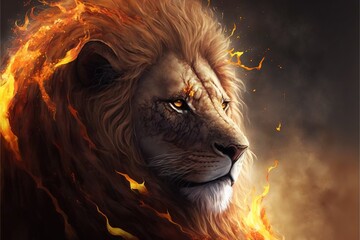 Beautiful and domineering lion in a magical flame on a black background AI