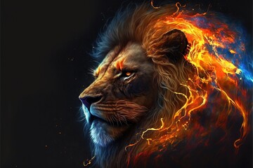 Beautiful and domineering lion in a magical flame on a black background AI