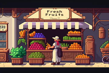 Pixel art game background with a food stall at a farmers market. Generative AI. - obrazy, fototapety, plakaty