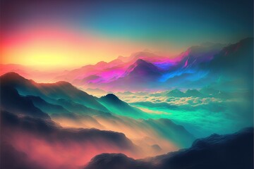 Fantasy new colorful landscape, fog, fantasy clouds. AI