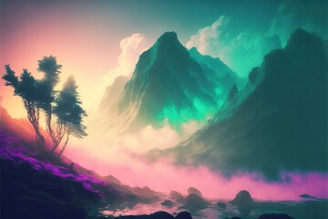 Fantasy new colorful landscape, fog, fantasy clouds. AI