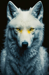 Portrait of a white wolf with a yellow glow. Generative AI.