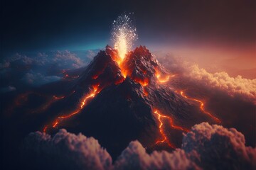 Terrible active volcano in clouds of volcanic ash top view AI - obrazy, fototapety, plakaty