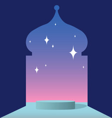 3d Blue Colored Indian Podium Concept Scene Design. Vector Cylinder Podium with Islamic arch and stars for Islamic holiday Promo. Background for Ramadan, Eid Al Adha, Diwali, Muharam.