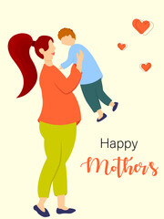Vector greeting card for Happy Mother's day of Cute young mother embracing her son with love.Vector illustration