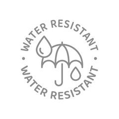 Water resistant label with rain and umbrella label. Waterproof vector line badge.
