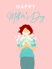 Happy Mothers Day. Vector illustration of girl with bouquet of flowers. Design element for card, poster, banner, and other use.