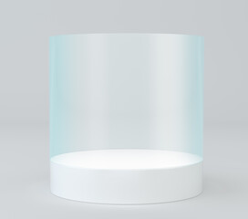 Glass cylinder with white showcase podium. Design template for mockap.