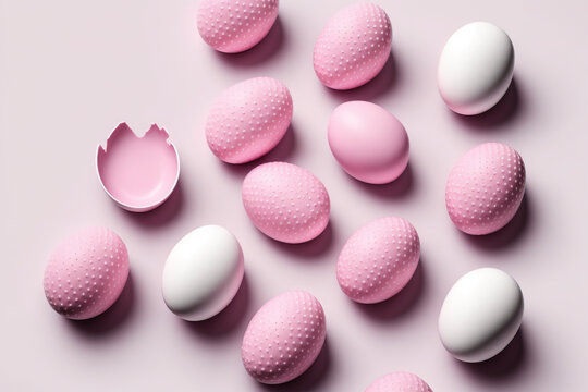 Pink and white background of easter eggs collection, easter celebration created with Generative AI technology © Inmaculada