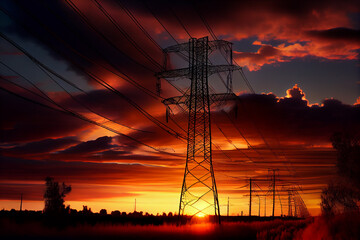 Power line against the sky and sunset. AI generated