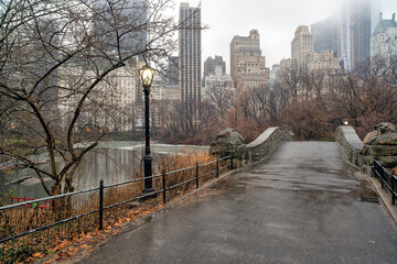 Gapstow Bridge in Central Park rainy day
