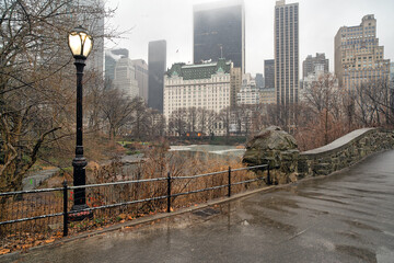 Gapstow Bridge in Central Park rainy day