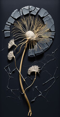 Kintsugi dandelion, delicate, minimalist cyanotype. Generative AI.