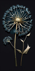 Kintsugi dandelion, delicate, minimalist cyanotype. Generative AI.